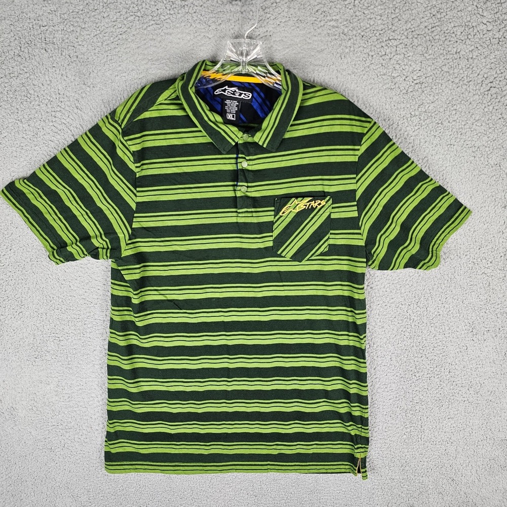 Alpinestars Polo Shirt Men XL Green Striped Short Sleeve Golf Motorcycle Logo